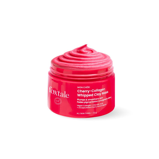 Foxtale Cherry-Collagen Whipped Clay Mask | Vegan Collagen + Glycolic Acid + PHA + Cherry Beads | Hydrates, Plumps & Firms Skin | Detoxifies Pores, Brightens & Smooths Dull, Uneven Skin | 12g