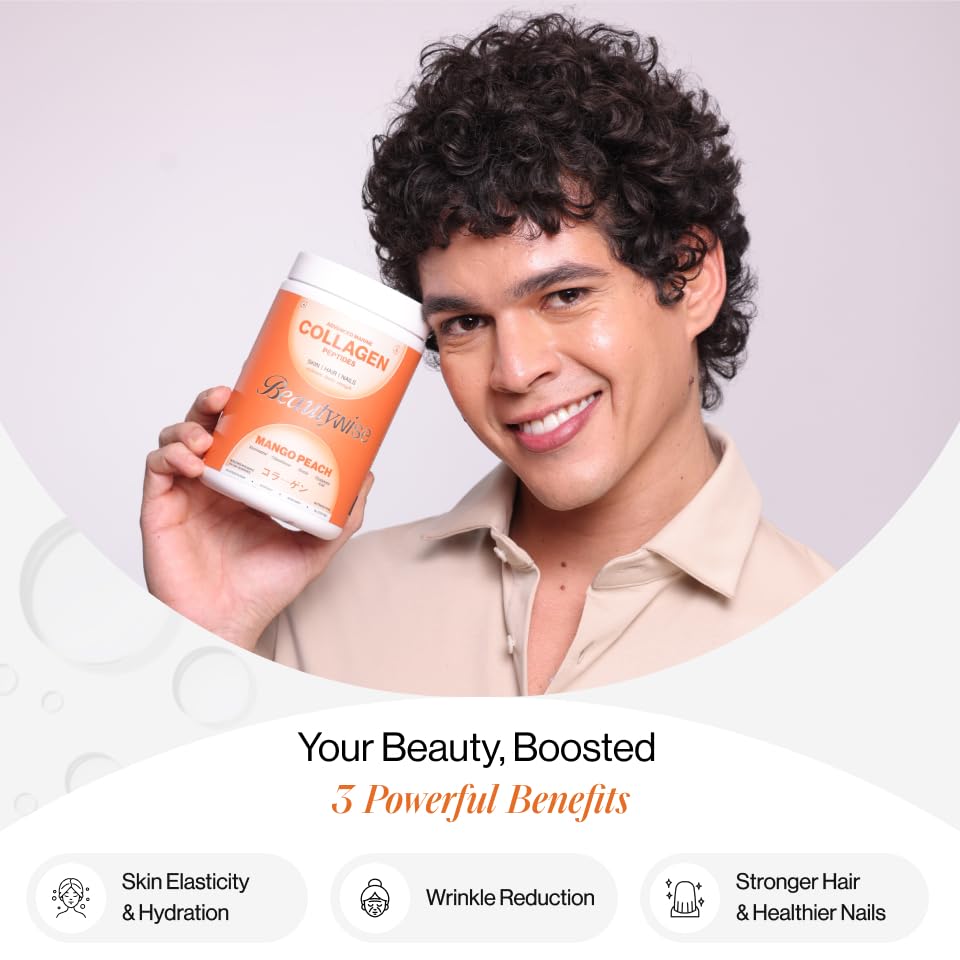 Man holding a collagen supplement container with promotional text on a light background