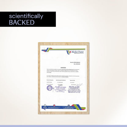 Framed certificate with 'scientifically backed' text on a white background