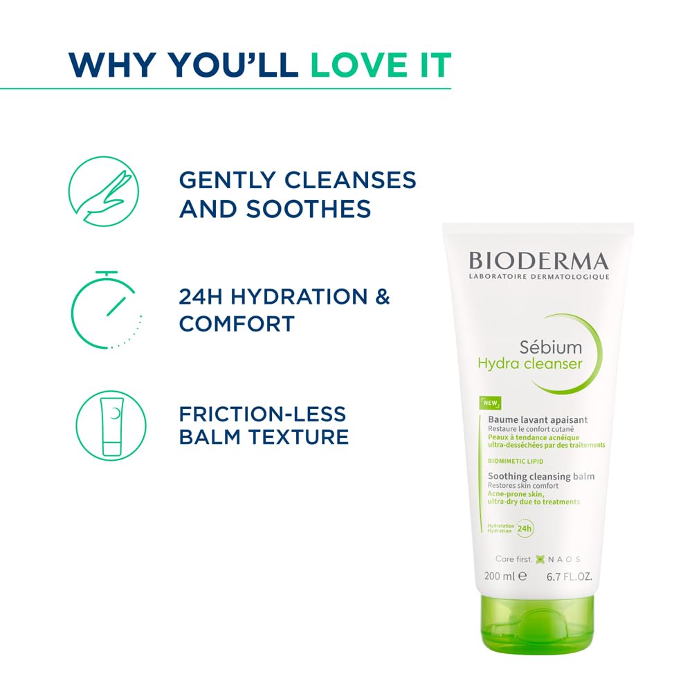 Bioderma Sébium Hydra Cleanser with benefits listed on a white background