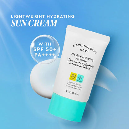 Sun cream tube with SPF 50+ on a blue background