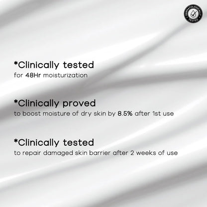 Text on a white background highlighting clinical testing and benefits of a skincare product.