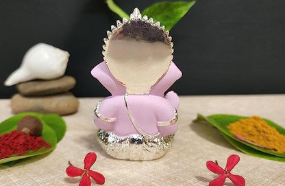 Gold Art India Gold and Silver Plated Ganesh Idol for Car Dashboard Ganesha Murti Ganpati Idol for Home Decor Puja Lord Ganesh Statue Gift for Office Desk Puja Room Figurine (Silver Pink)
