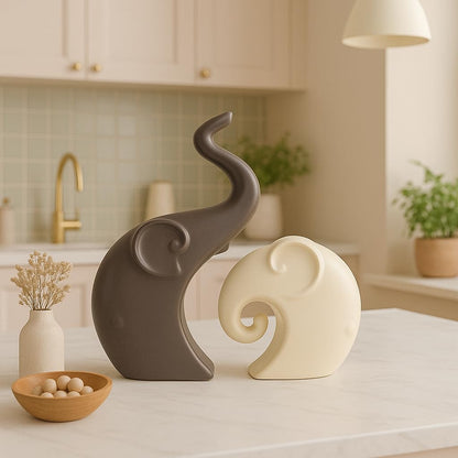 Lavish  Matte Home Décor Elephant Set | Ceramic Figurines - (Set of 2 piece, Brown Cream)