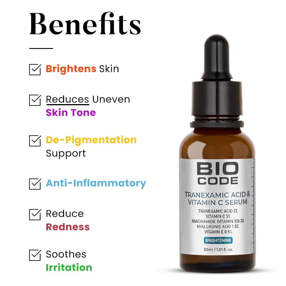 Bio Code 2% Tranexamic Acid & 5% Vitamin C Radiance Renewal Serum (30ml) – with 3% Niacinamide, 1.5% Hyaluronic Acid & 0.5% Vitamin E | Dermatologist Recommended