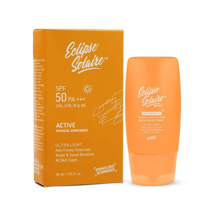 YUDERMA Eclipse Solaire Active Sunscreen SPF 50 PA+++ | No White Cast | Broad Spectrum UVA/UVB/IR & Blue Light Shield | Lightweight, Non-Greasy Formula for All Skin Types – 30ml