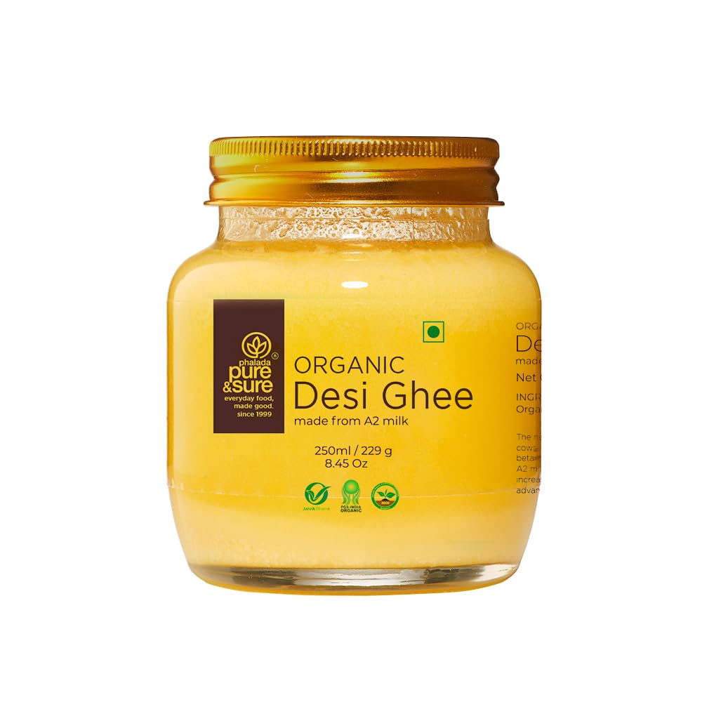 Pure & Sure Organic A2 Desi Ghee | 100% Pure Cow Ghee | Made by Traditional Bilona Method | Curd-Churned | Natural Immunity Booster & Other Benifits (Glass Jar)