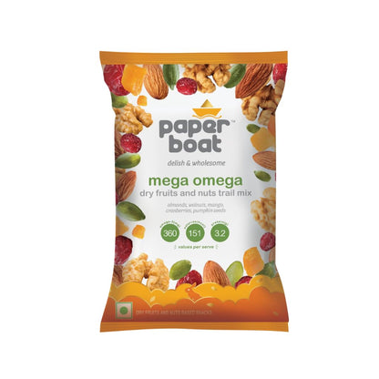Paper Boat Mega Omega Dry Fruits Mix, Premium Trail Mix with Omega 3 | Healthy Mixed Nuts with Almonds | Walnuts | Cranberry | Pumpkin Seeds (Pack of 10, 30g each)