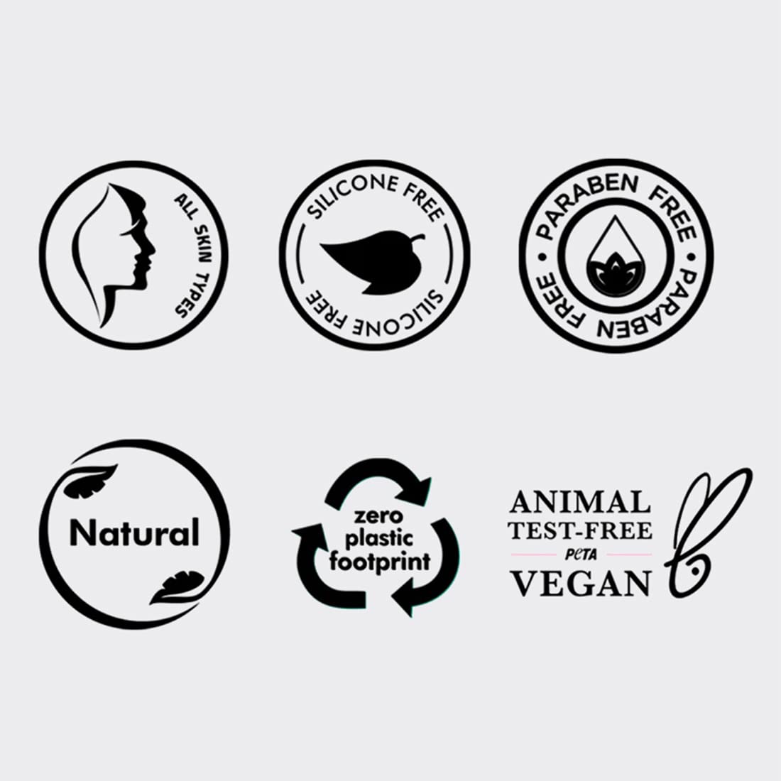 Set of black and white icons representing various product attributes on a light gray background.