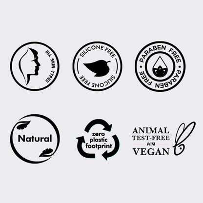 Set of black and white icons representing various product attributes on a light gray background.