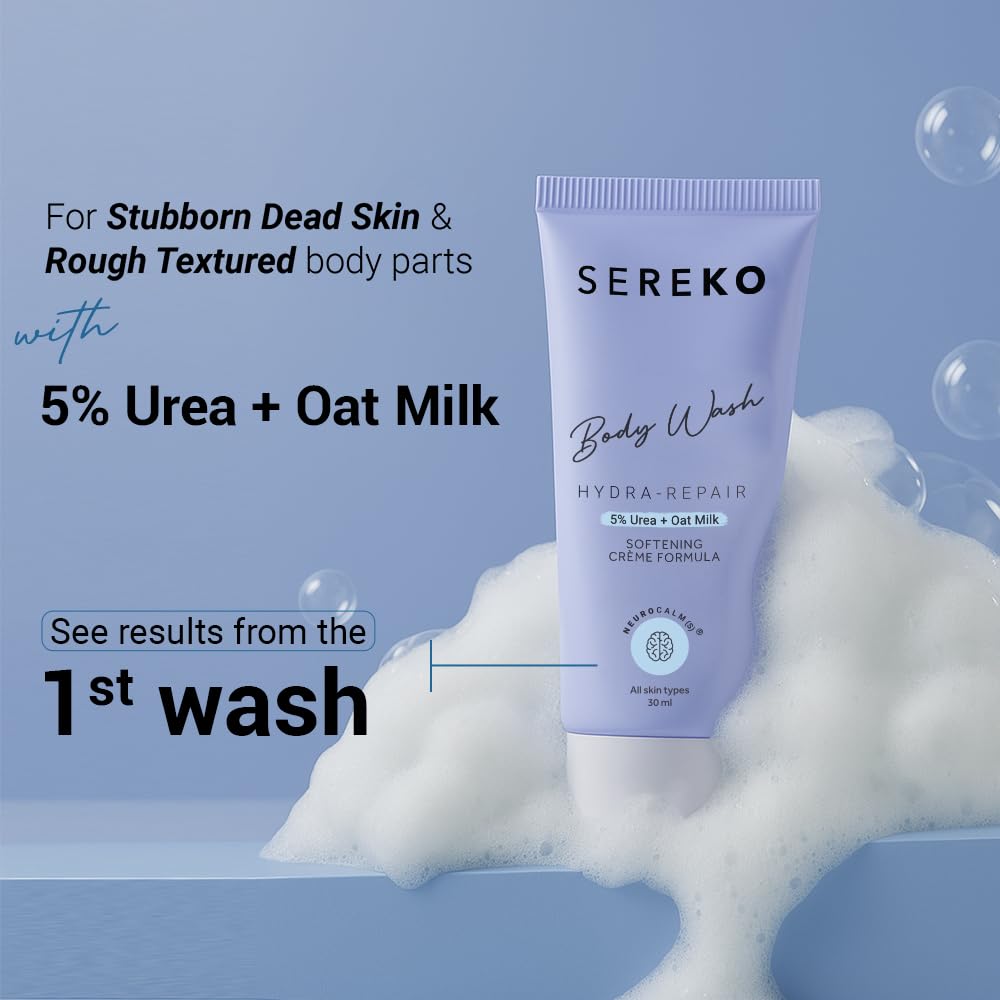 Sereko body wash tube with bubbles on a blue background