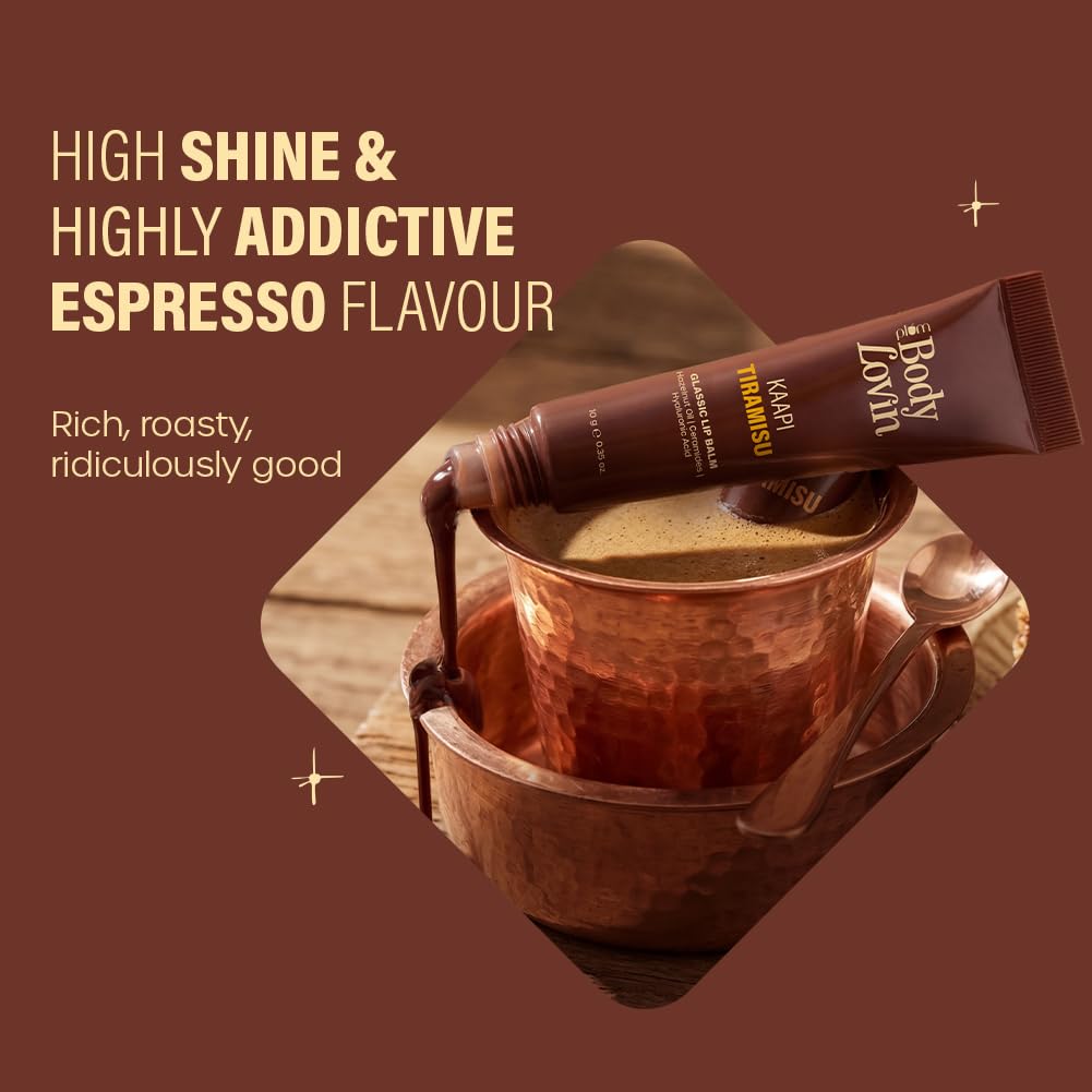 Plum BodyLovin’ Kaapi Tiramisu Glassic Lip Balm | Espresso Brown Gloss Tint | Hydrating Lip Balm with Hazelnut Oil, Ceramides & Hyaluronic Acid | Moisturizes Dry & Chapped Lips | 10 g