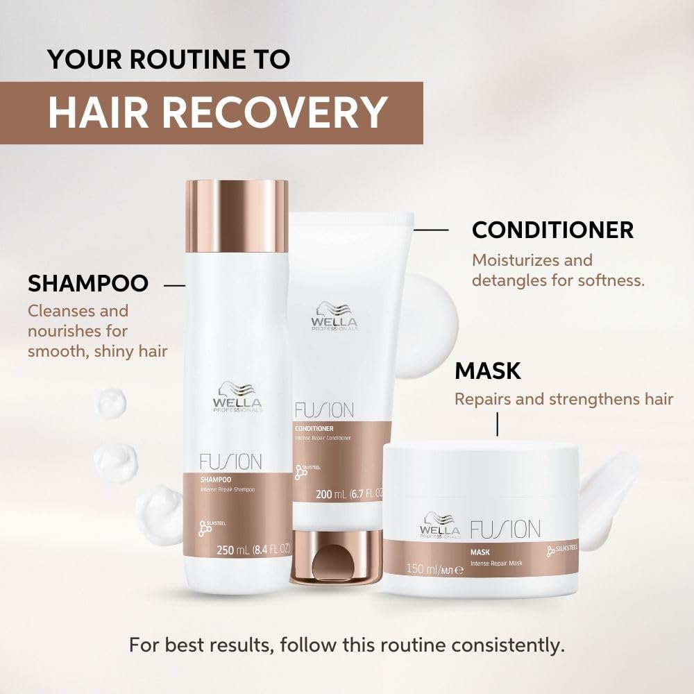 Wella Fusion hair care products with shampoo, conditioner, and mask on a white background.