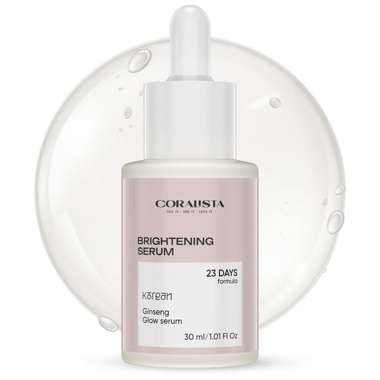 Corahusta brightening serum bottle with dropper on a white background