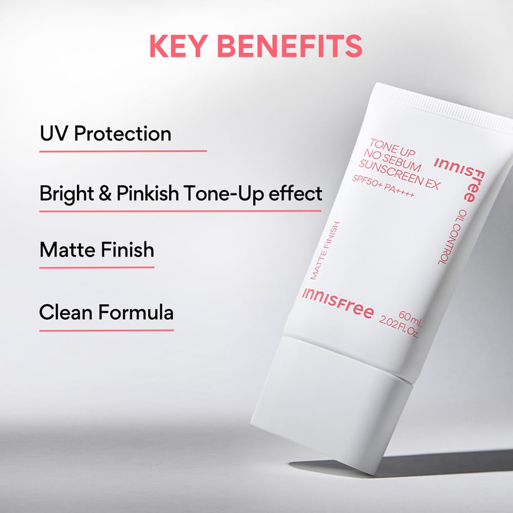 Innisfree sunscreen tube with key benefits listed on a light gray background