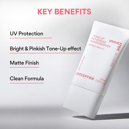 Innisfree sunscreen tube with key benefits listed on a light gray background