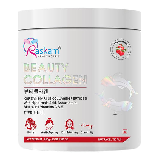 Beauty collagen powder container with Raskam Healthcare branding on a white background
