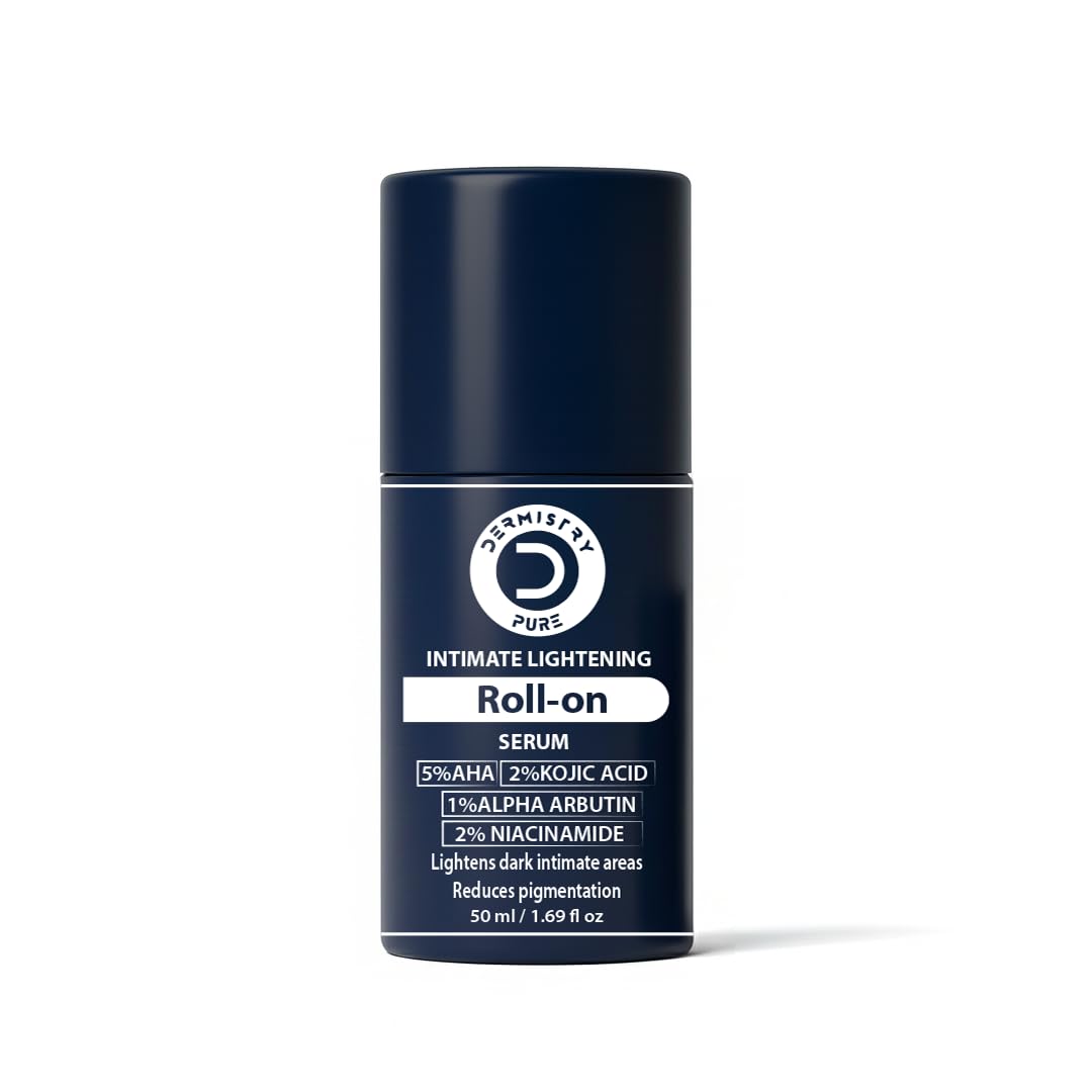 Navy blue roll-on serum bottle with white label on a white background