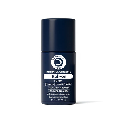 Navy blue roll-on serum bottle with white label on a white background