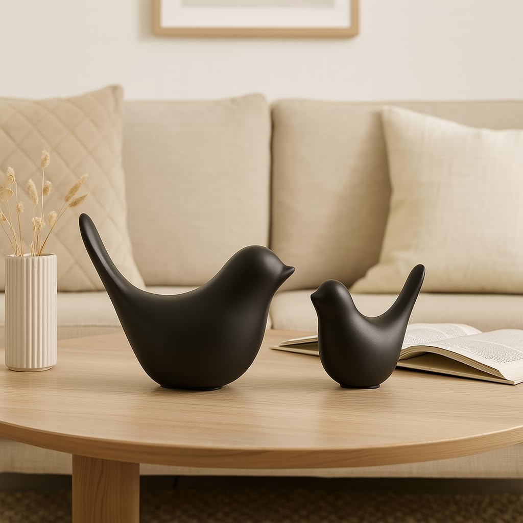 Ceramic Blessing Birds Figurine for Home Decor, 2 Pcs Decorative Showpiece Set with Glossy Finish for Living Room, Bedroom, Office Desk, Table, Shelf & Cabinet Decoration Black