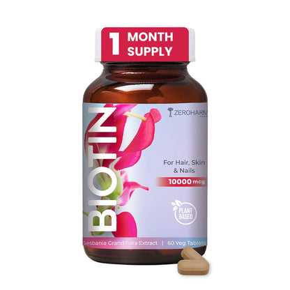 ZEROHARM Biotin Tablets for Hair Growth - 10000 mcg Vitamin B7 - Plant-Based Supplement Supports Hair Growth, Skin Hydration & Nail Strength For Men & Women - Sesbania Grandiflora - 60 Tablets