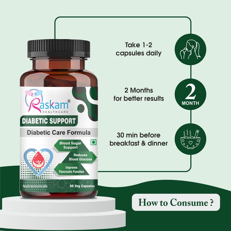 Raskam Diabetic Support supplement bottle with usage instructions on a green background