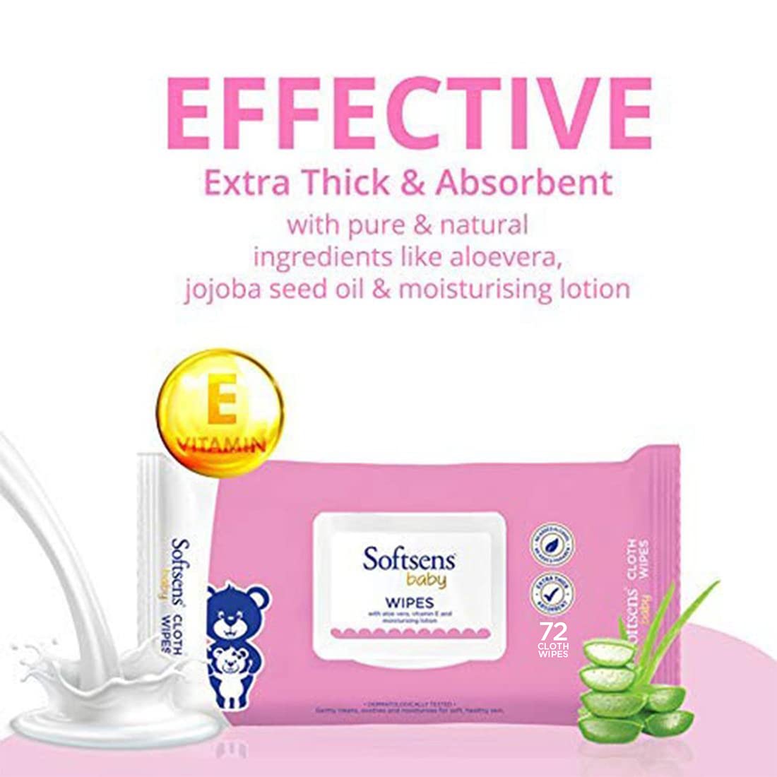 Softsens Baby Gentle Cloth Wipes for Baby Skin Enriched with Aloe Vera & Vitamin E I Dermatologically Tested & Parben Free with Lid - 72 wipes