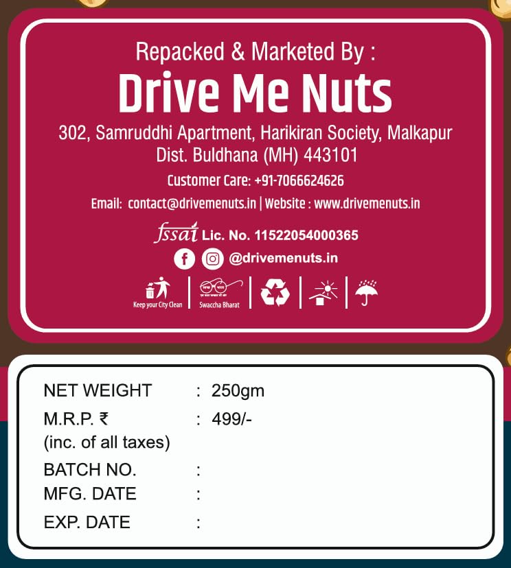 Drive Me Nuts Classic Roasted Unsalted Cashews 250g | Whole Cashew Nuts Kaju | Healthy Snacks & Dry Fruits | Freshly Crunchy Gourmet Munchies Pack | Nutritious Protein Rich Food