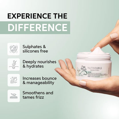 Wella Nutricurls hair product with text highlighting benefits on a light green background