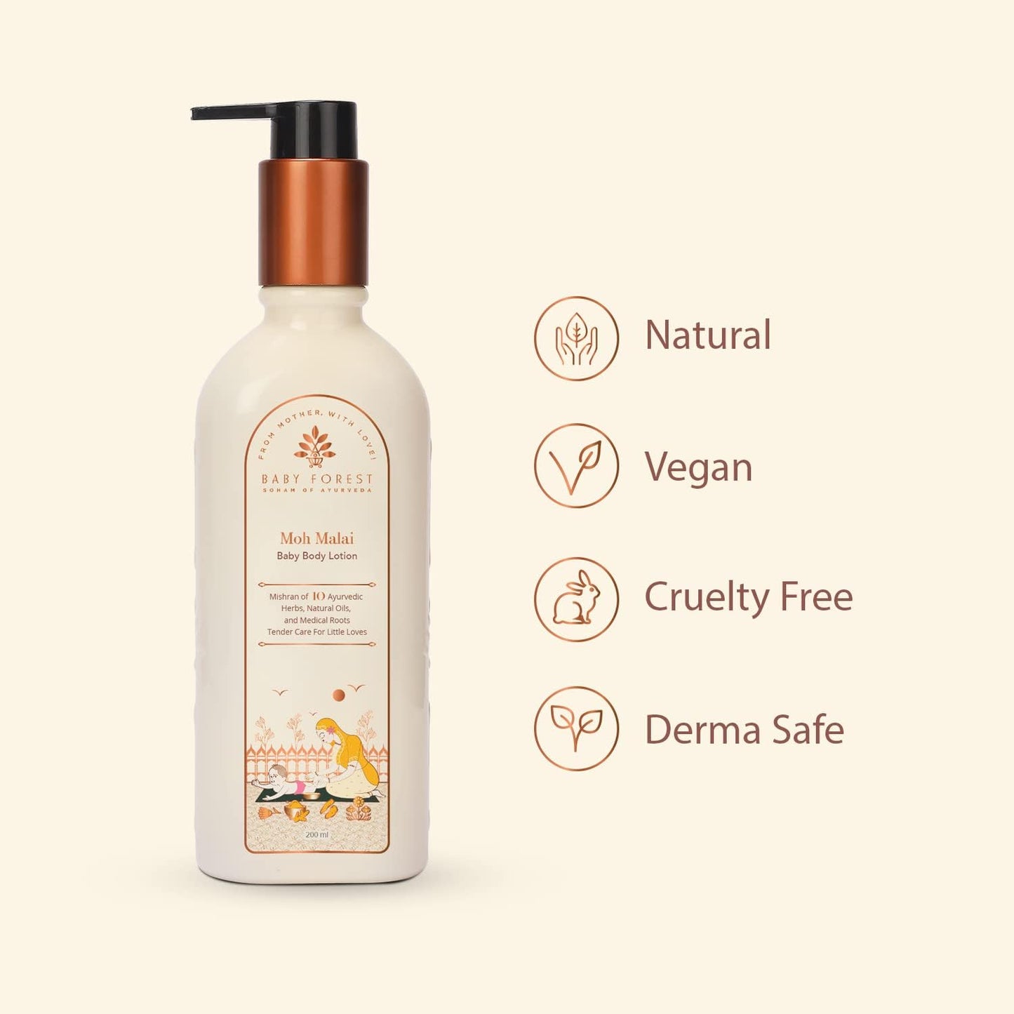 Body lotion bottle with pump on a beige background, featuring icons and text indicating natural, vegan, cruelty-free, and derma-safe qualities.