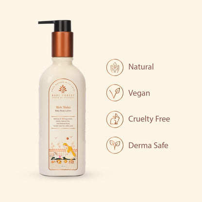 Body lotion bottle with pump on a beige background, featuring icons and text indicating natural, vegan, cruelty-free, and derma-safe qualities.