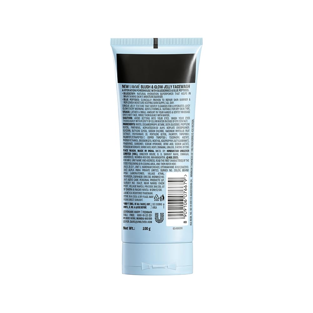 LAKME Blush & Glow, Blueberry + Peptide Gentle Jelly Facewash, 100g, for Hydrated Juicy Glow, with Blueberry Extract & Blue Peptide, Clinically Proven to Repair Skin Barrier, for Dry & Dehydrated Skin