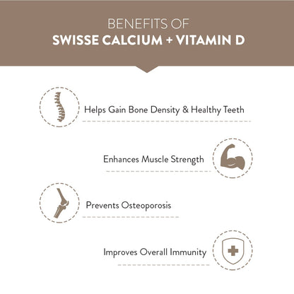 Zephivo Swisse Vegan Calcium + Vitamin D3 for Stronger Bones, Teeth, Muscles & Immunity - 60 Tablets (Manufactured In Australia, Vegan Source Calcium Supplement For Higher Absorption)
