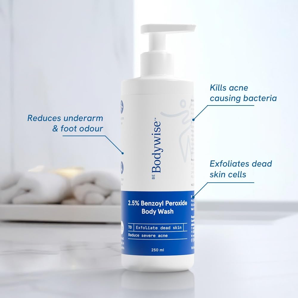 Be Bodywise 2.5% Benzoyl Peroxide Body Wash | Fights Severe Back & Body Acne | Kills Acne Bacteria, Unclogs Pores & Prevents Breakouts | With Aloe Vera & Glycerin | Dermatologist-Tested | 250ml