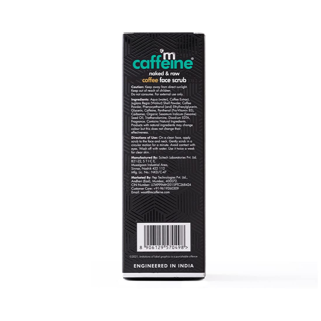 Caffeine naked & raw coffee face scrub packaging on a white background