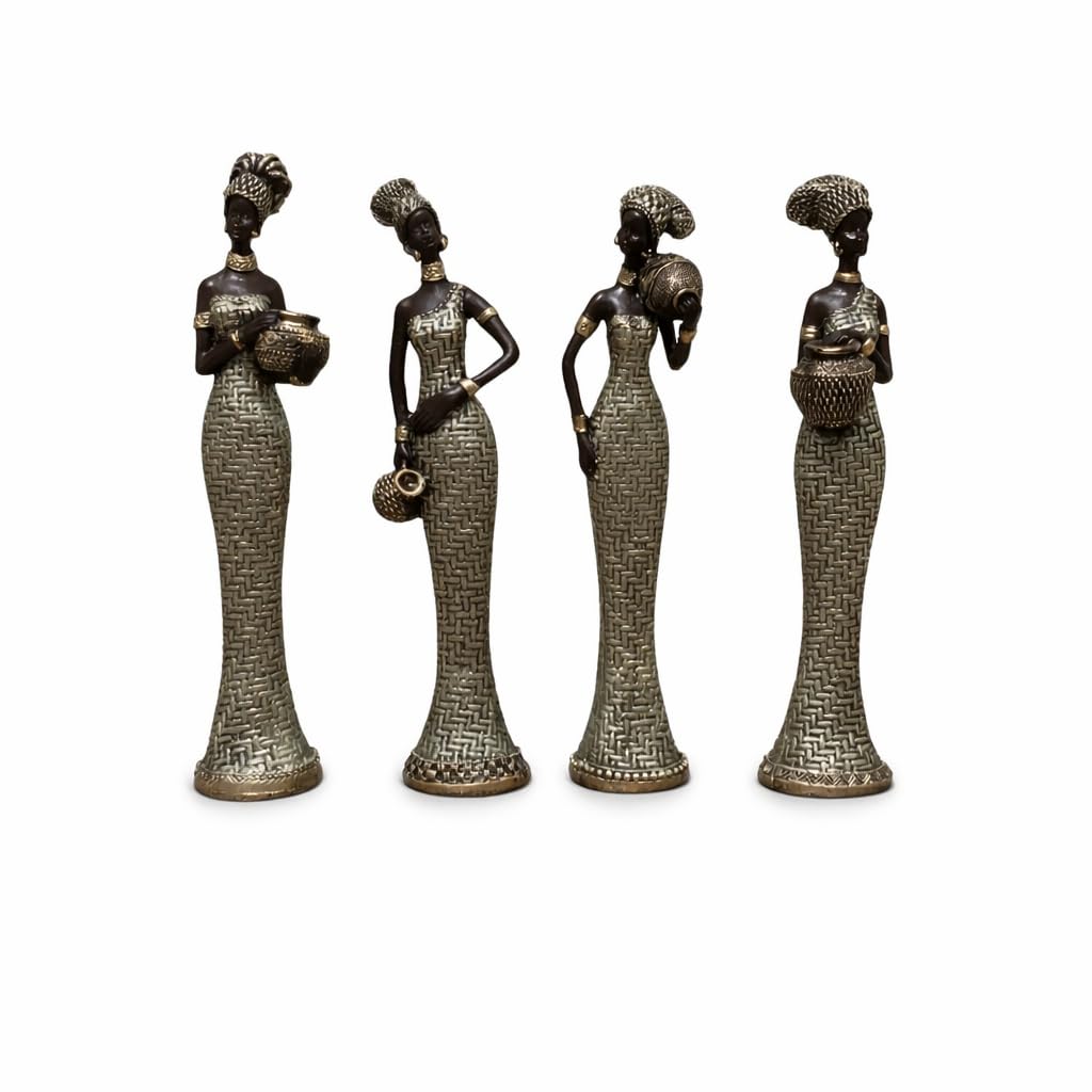 Vibrant Beautiful Finish Uniquely Hand Crafted Home Decor African Tribal Women Art Piece (African Lady Set of 4 with matki)