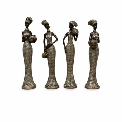 Vibrant Beautiful Finish Uniquely Hand Crafted Home Decor African Tribal Women Art Piece (African Lady Set of 4 with matki)