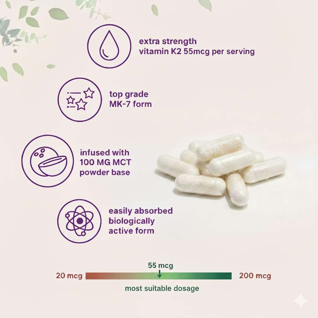 Vitamin K2 MK7 (Menaquinone-7) 55mcg 120 Veg Capsules Plant Based Vitamin K2 Supplement with MCT Powder for higher absorption - K2 MK7 Supports Strong Bones & Heart Health for Men & Women
