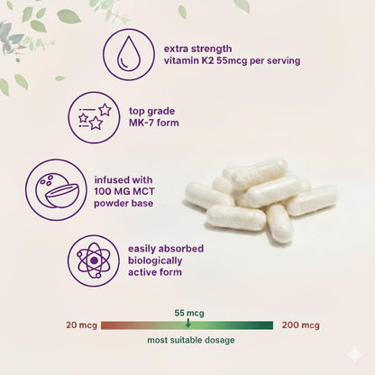 Vitamin K2 MK7 (Menaquinone-7) 55mcg 120 Veg Capsules Plant Based Vitamin K2 Supplement with MCT Powder for higher absorption - K2 MK7 Supports Strong Bones & Heart Health for Men & Women