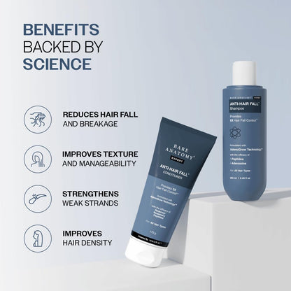 Bare Anatomy Anti-Hair Fall Shampoo (250ml) & Anti-Hair Fall Conditioner Combo (175ml) | Provides 5X Hair Fall Control | Adenosine, Redensyl, Rosemary & Peptides | Strengthens Roots & Reduces Breakage