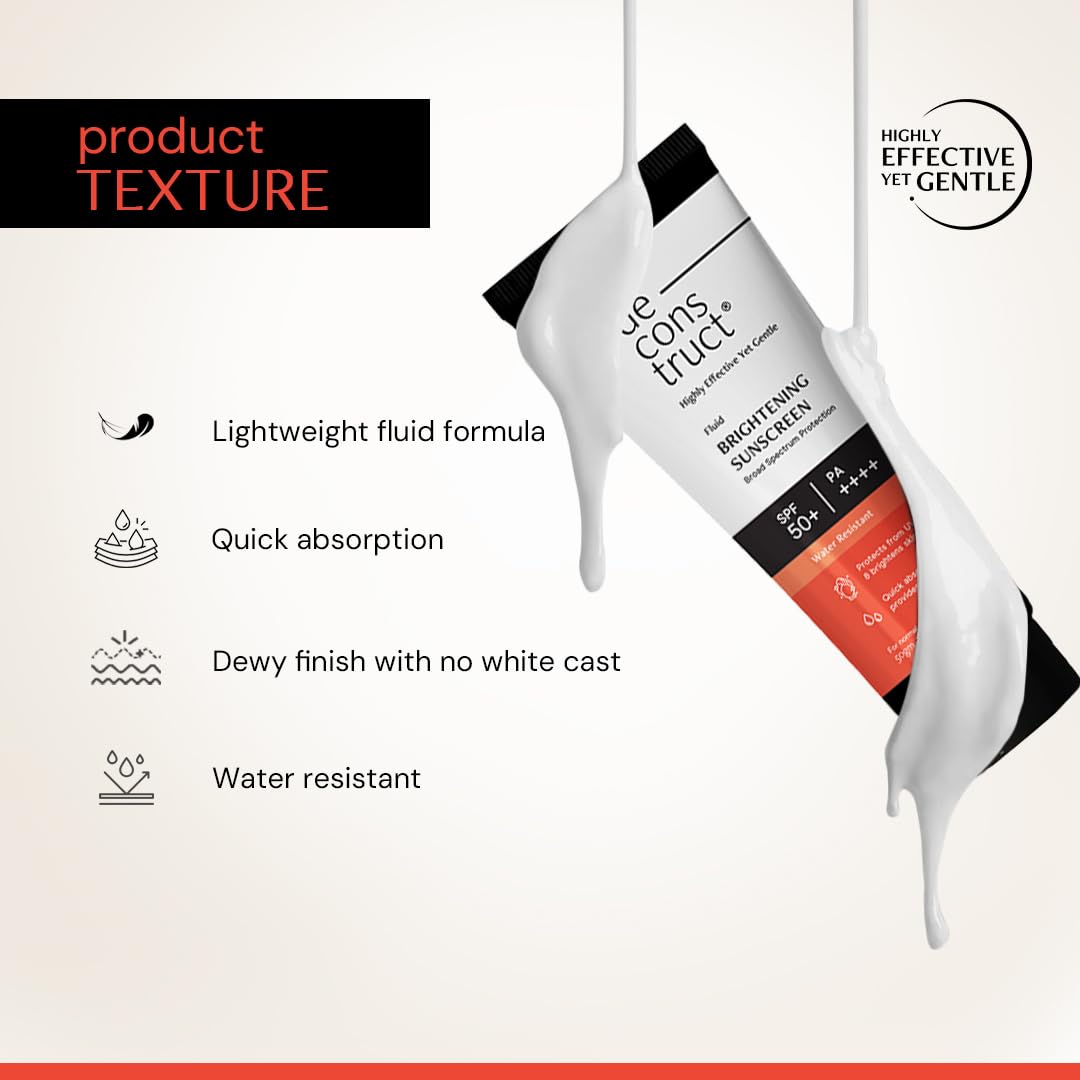 Sunscreen product with texture features listed on a white background