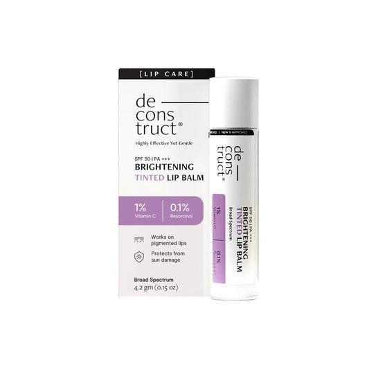 Deconstruct brightening tinted lip balm packaging on a white background