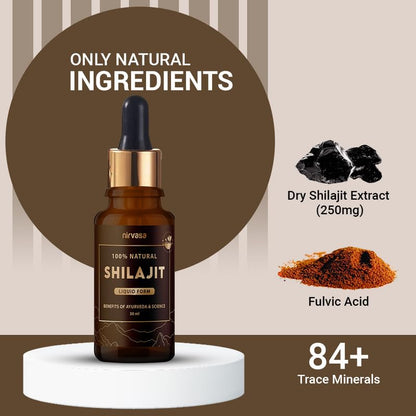 Nirvasa Pure Shilajit Liquid (30ml) | 100% Natural Himalayan Shilajeet Extract | Boosts Energy, Stamina, Strength & Vitality | Supports Immunity, Muscle Health & Performance | For Men & Women
