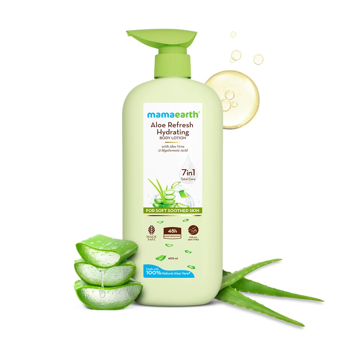 Mamaearth Aloe Refresh Hydrating Body Lotion with Aloe Vera & HA for Soft Soothed Skin 400ml | 48H Moisturization in Summer| 100% Natural Aloe Vera| Lightweight, Non-Sticky Smooth Skin| All Skin Types