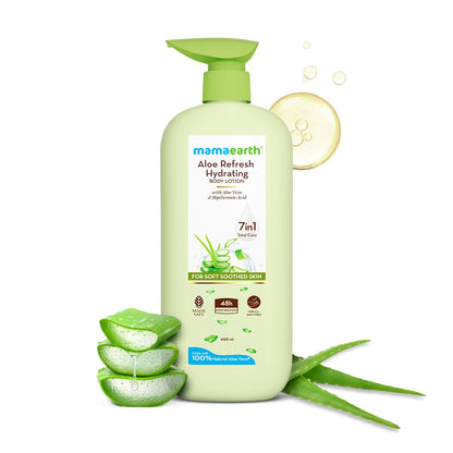 Mamaearth Aloe Refresh Hydrating Body Lotion with Aloe Vera & HA for Soft Soothed Skin 400ml | 48H Moisturization in Summer| 100% Natural Aloe Vera| Lightweight, Non-Sticky Smooth Skin| All Skin Types
