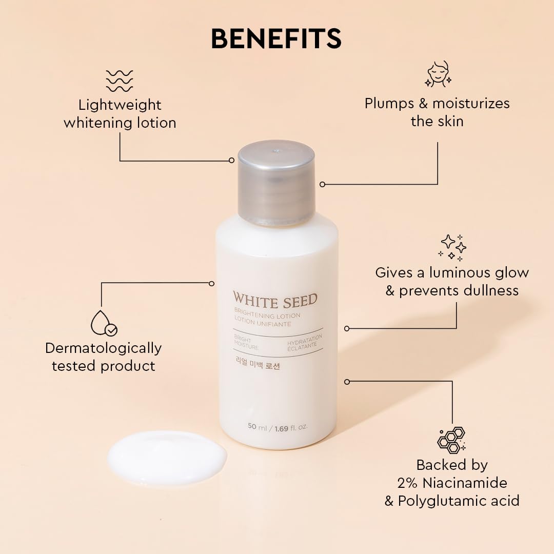 White seed lotion bottle with benefits listed on a beige background