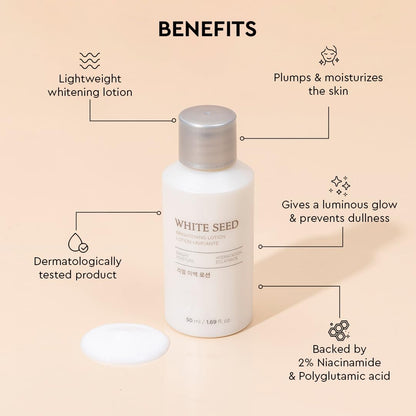 White seed lotion bottle with benefits listed on a beige background