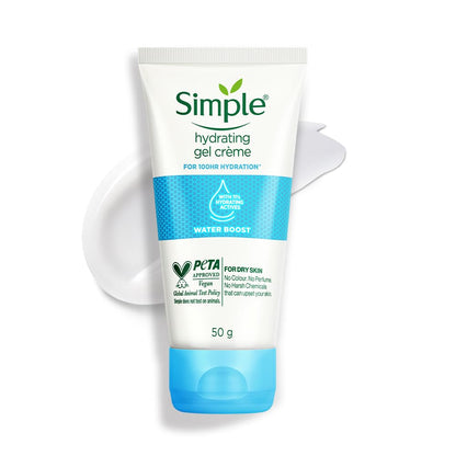 Tube of Simple hydrating gel crème on a white background