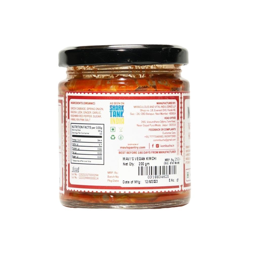 MAVI's Vegan Kimchi | Korean Cabbage Kimchi | Artisanal Probiotic Pickle | 100% Natural, Organic & Vegan | No Preservatives, No Artificial Flavour or Colour | Pack of 1 (200g)