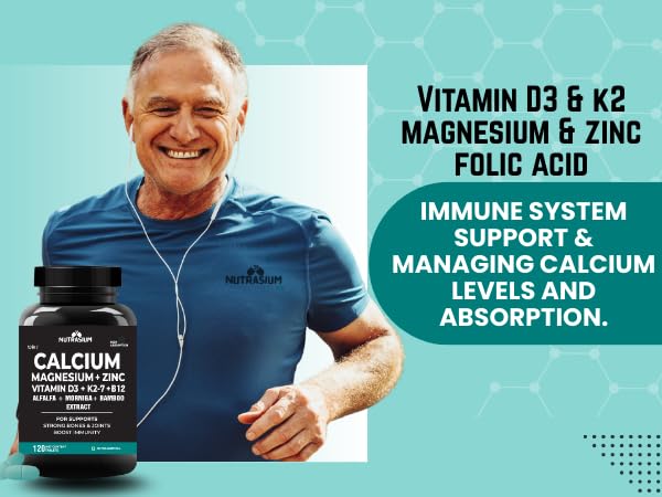 Nutrasium | Calcium & Vitamin D3 Tablets | Calcium Magnesium Zinc D3 & K2 with B12 & Folic Acid | Alfalfa, Moringa & Bamboo Leaves Extract | For Strong Bone & Joint Support | 60 Tablets